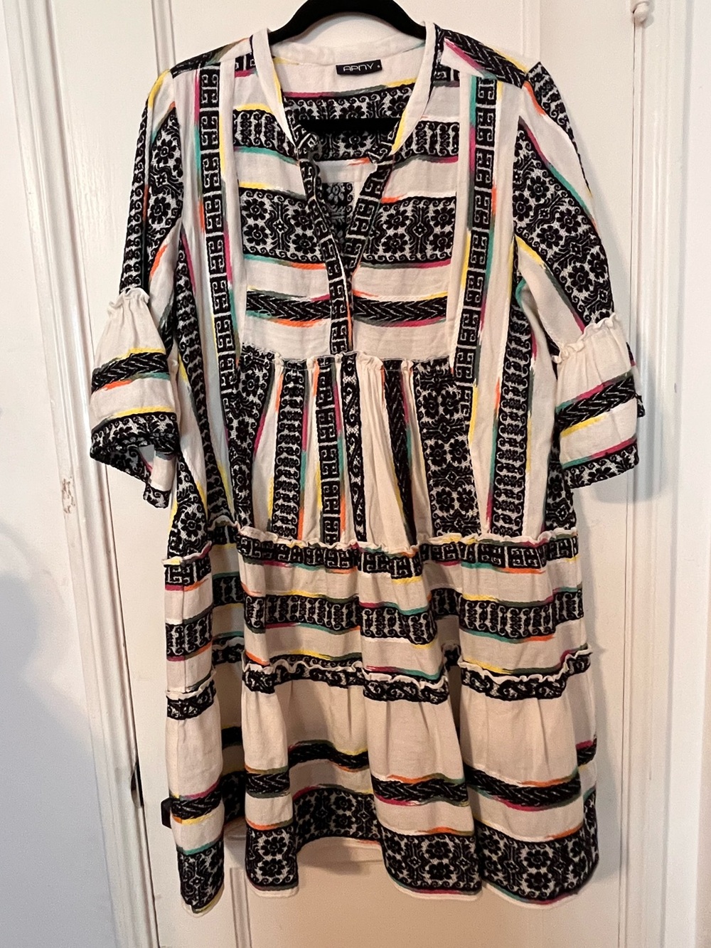 APNY Boho Embroidered Tiered Flutter Sleeve Mini Dress Ivory Black Sz S